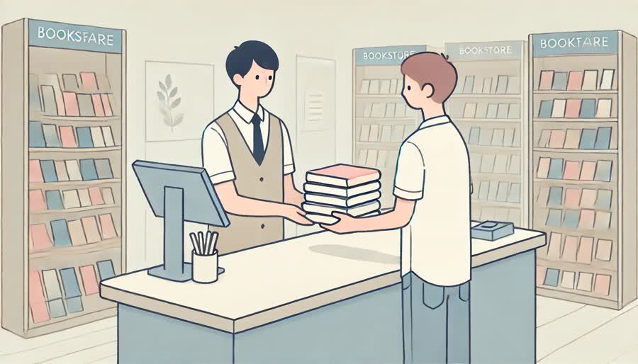 本を売る若い男性