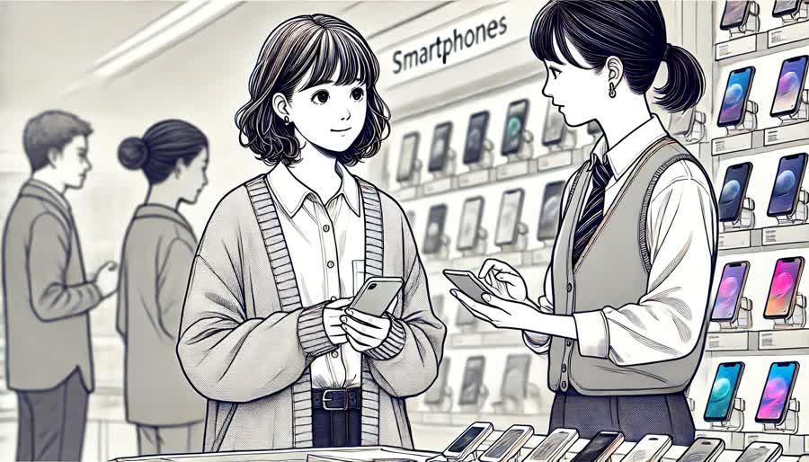 店員にスマホの説明を受ける若い女性